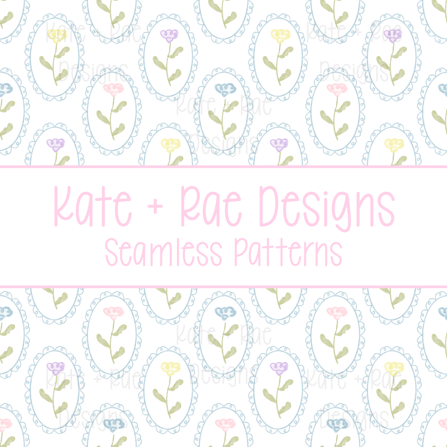 Colorful Watercolor Florals in Scalloped Frame Seamless Pattern