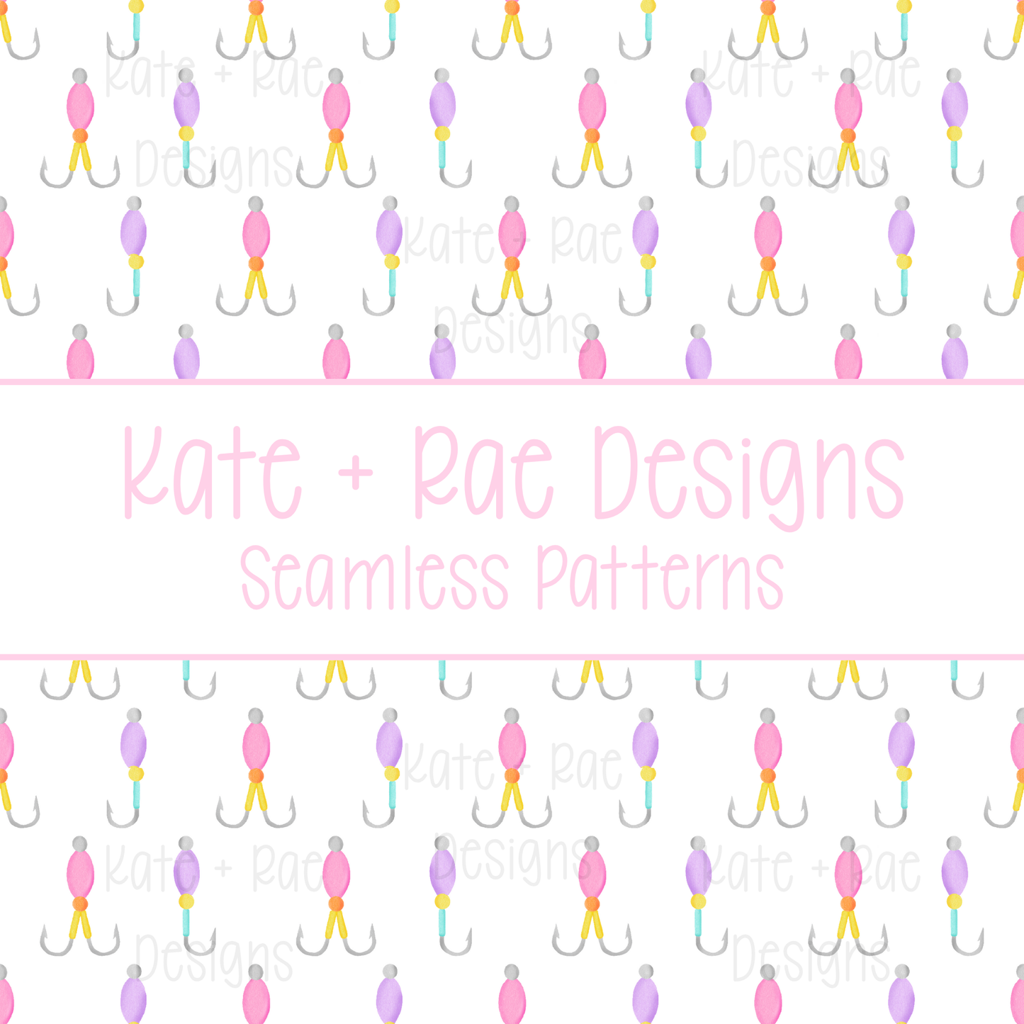 Girl's Fishing Lure Watercolor Seamless Pattern