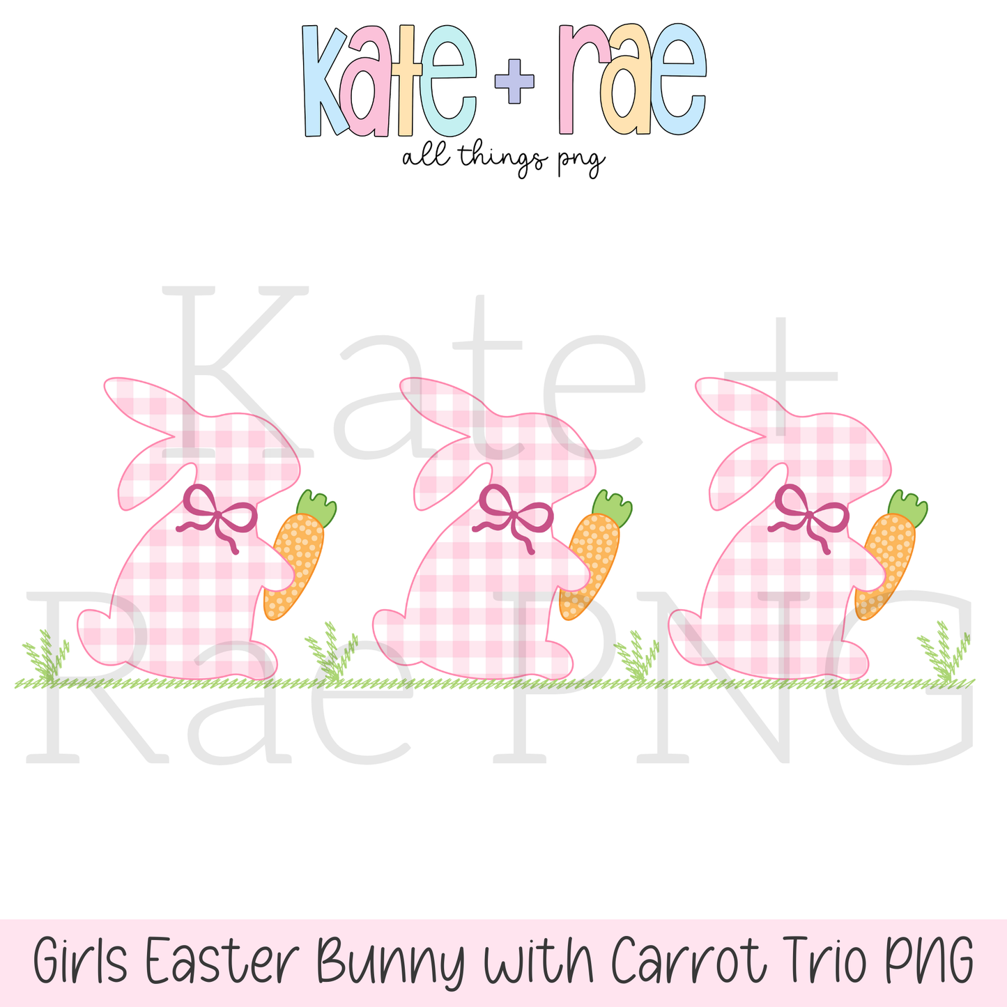 Girl's Pink Gingham Easter Bunny Trio with Carrots Faux Applique PNG