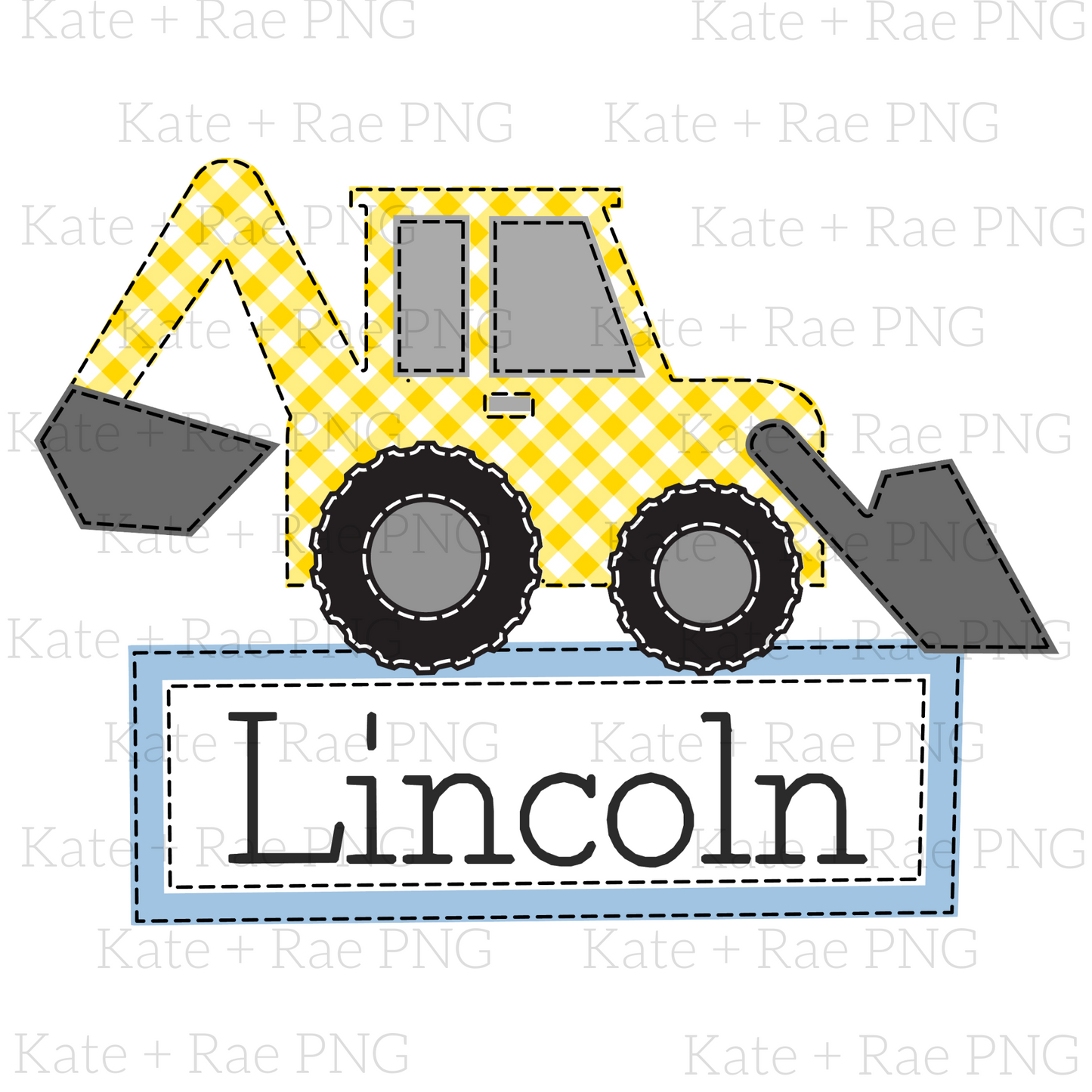 Yellow Gingham Backhoe Faux Applique PNG (Name Plate)