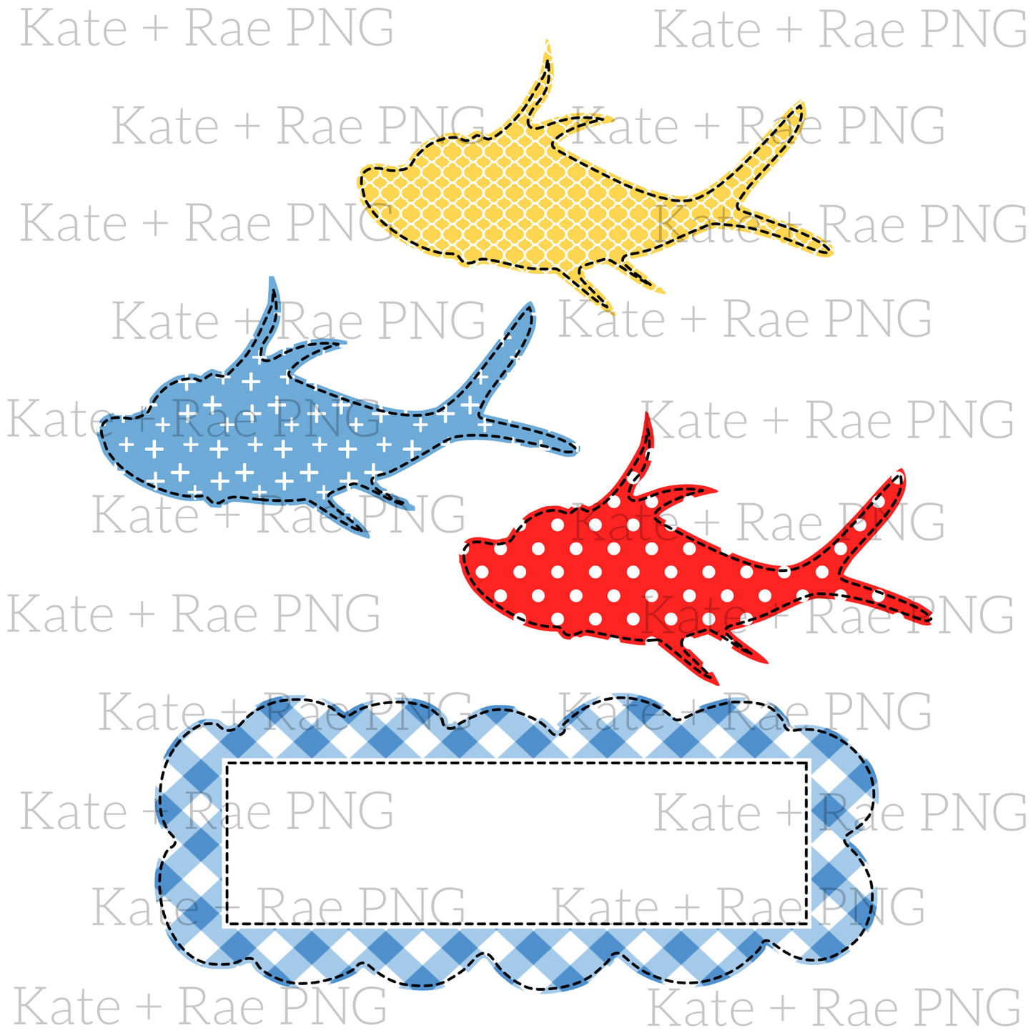 Girls One Fish Two Fish Faux Applique PNG