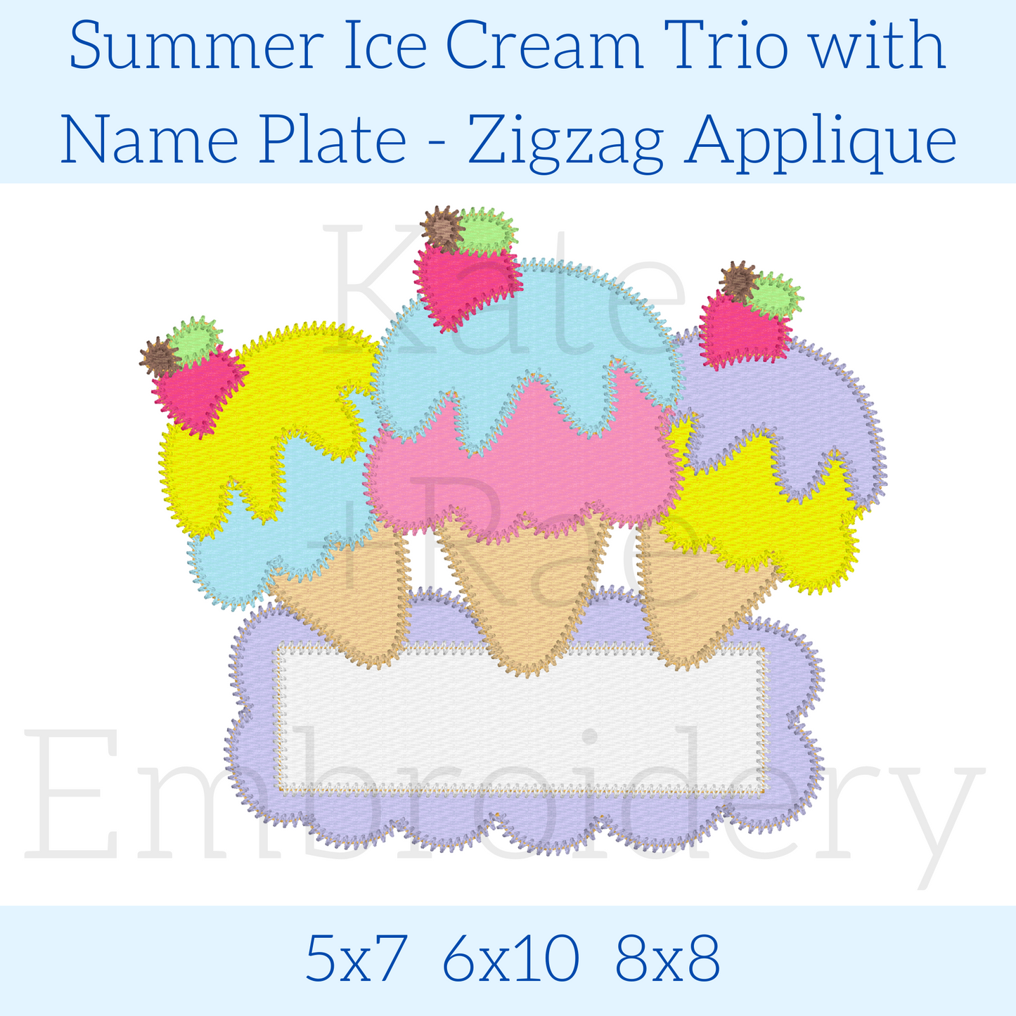 Ice Cream Trio Zigzag Applique Embroidery Design