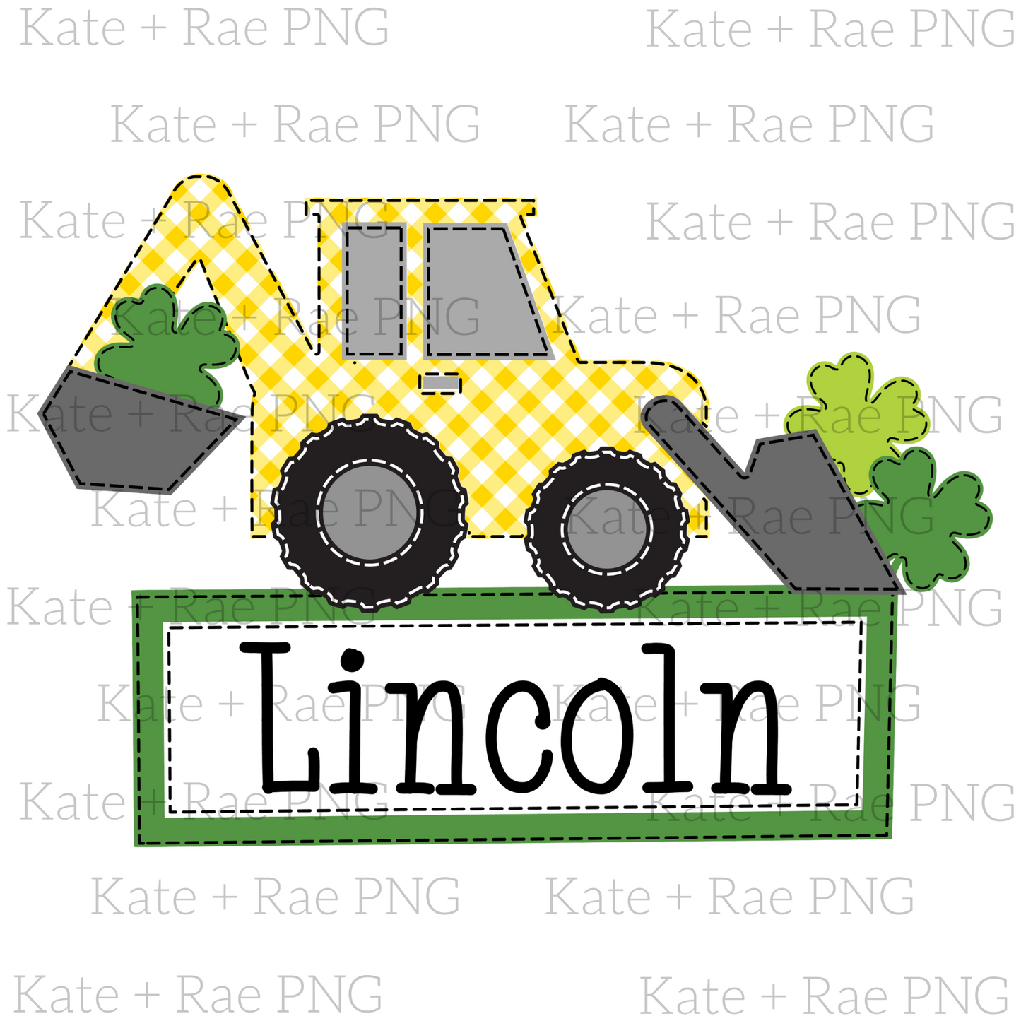 Boys Shamrock Backhoe Faux Applique PNG with Name Plate
