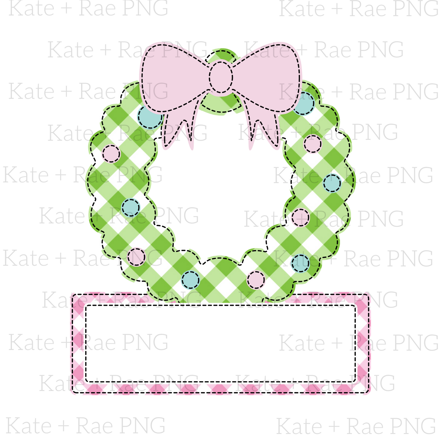 Girly Christmas Wreath Faux Applique with Name Plate PNG