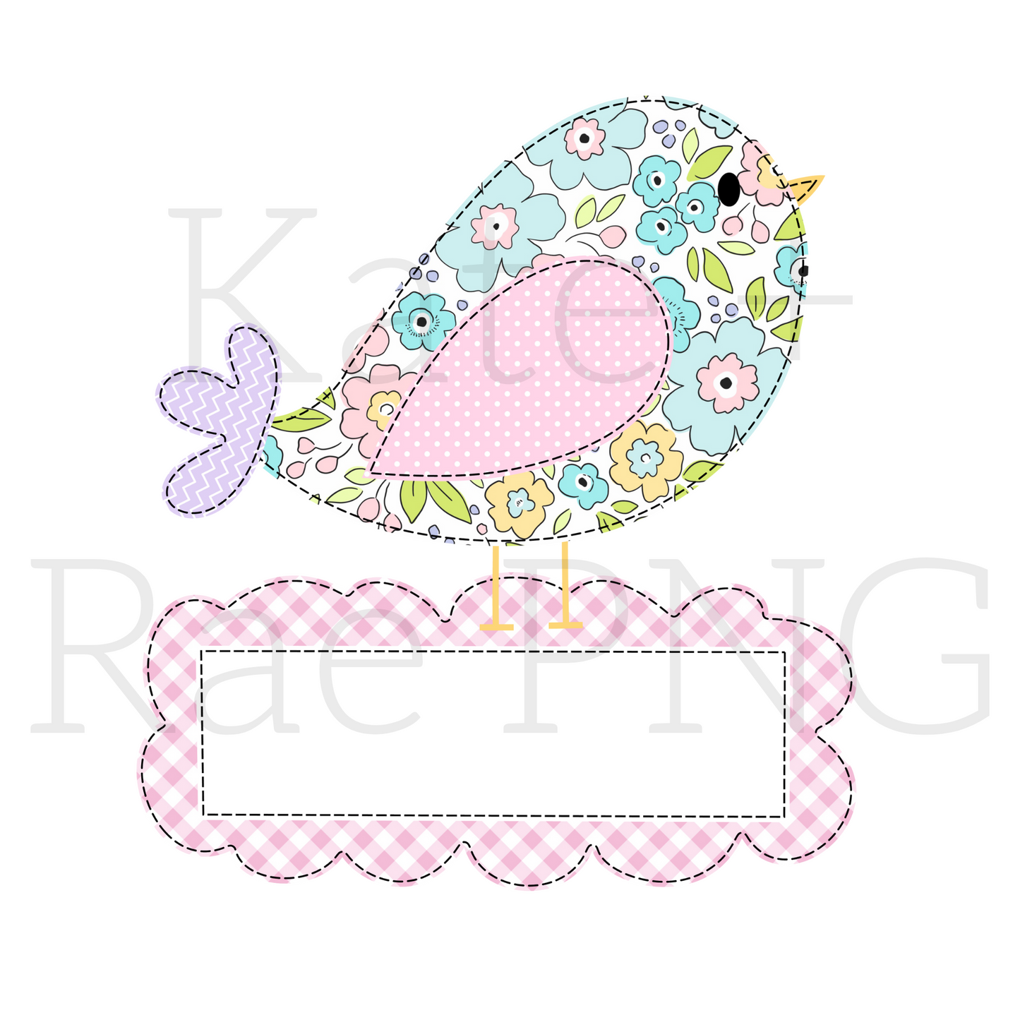 Spring Doodle Bird Faux Applique PNG with Name Plate