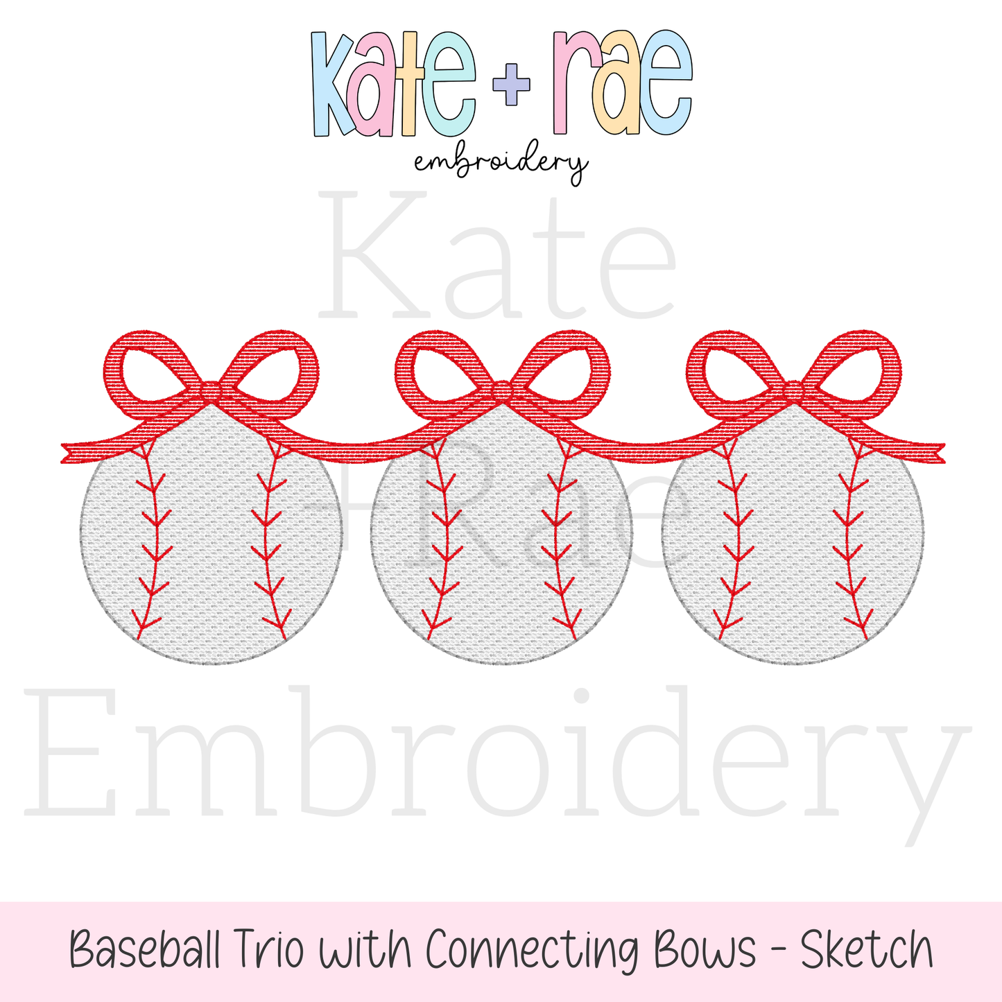 Baseball Trio with Connecting Bows Sketch Stitch Embroidery Design