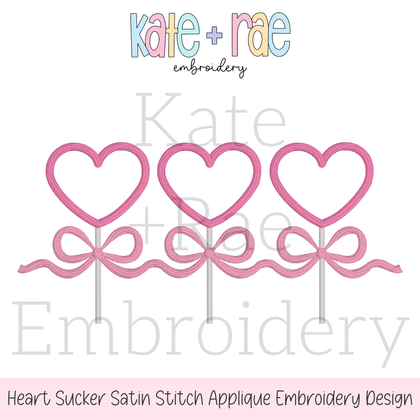 Heart Sucker Trio with Bows Satin Stitch Applique Embroidery Design
