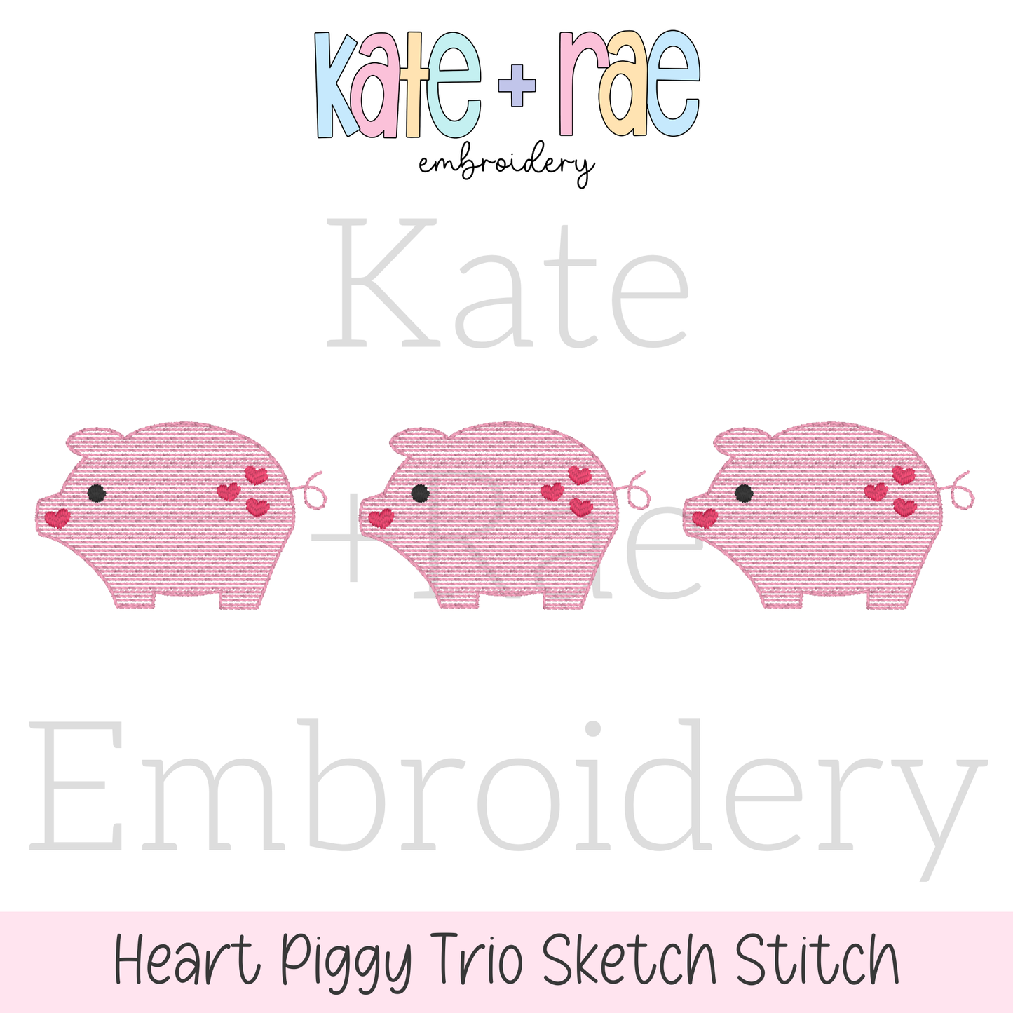 Heart Piggy Trio Sketch Stitch Embroidery Design