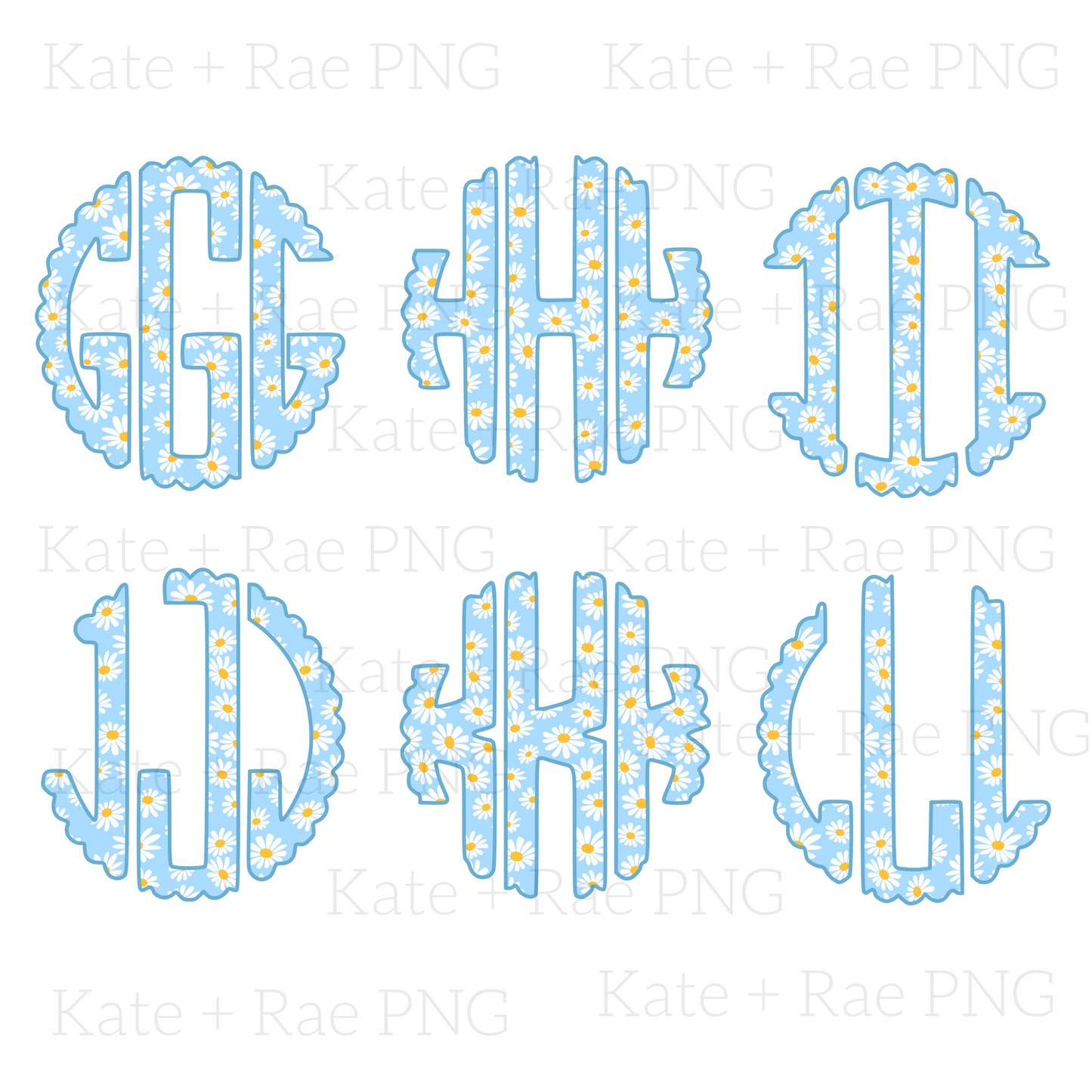 Blue Daisy Scalloped Circle Monogram