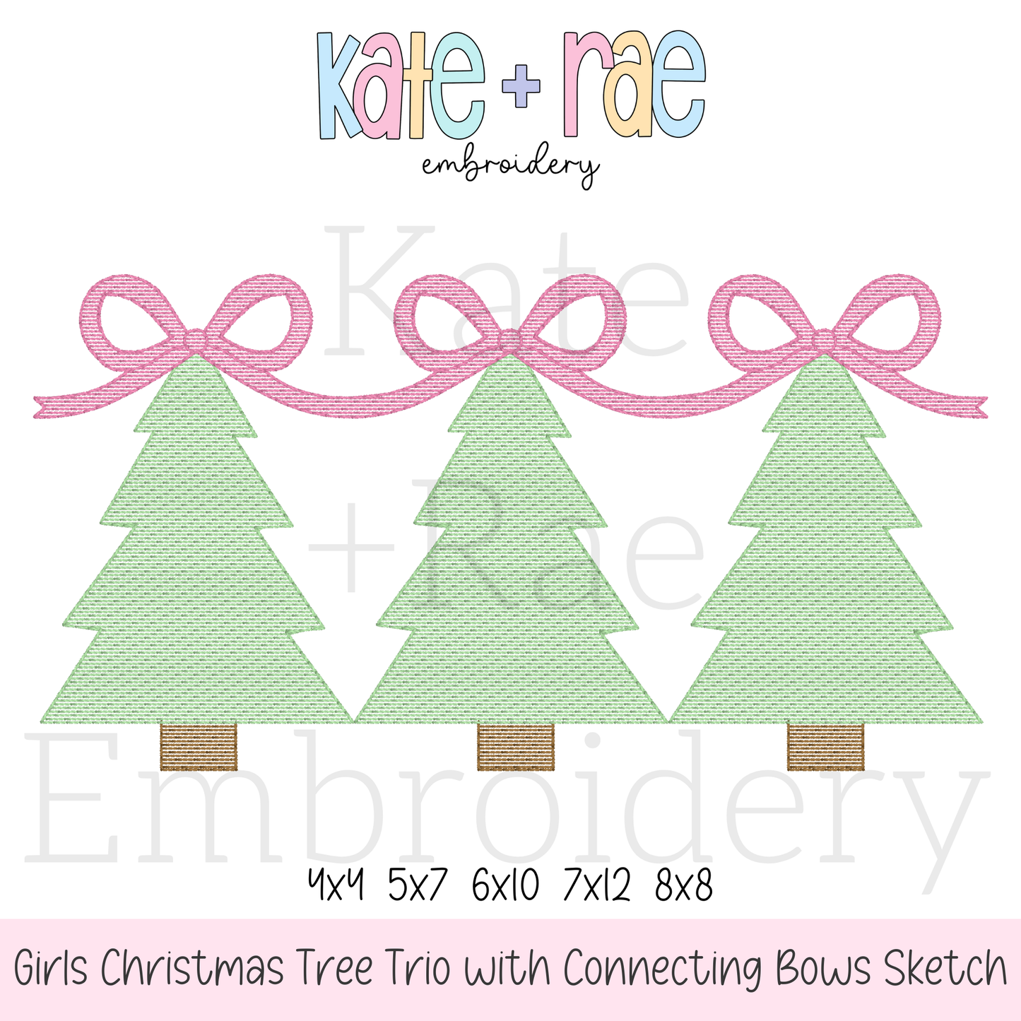Girls Christmas Tree Trio with Connecting Bows Sketch Stitch Embroidery Design