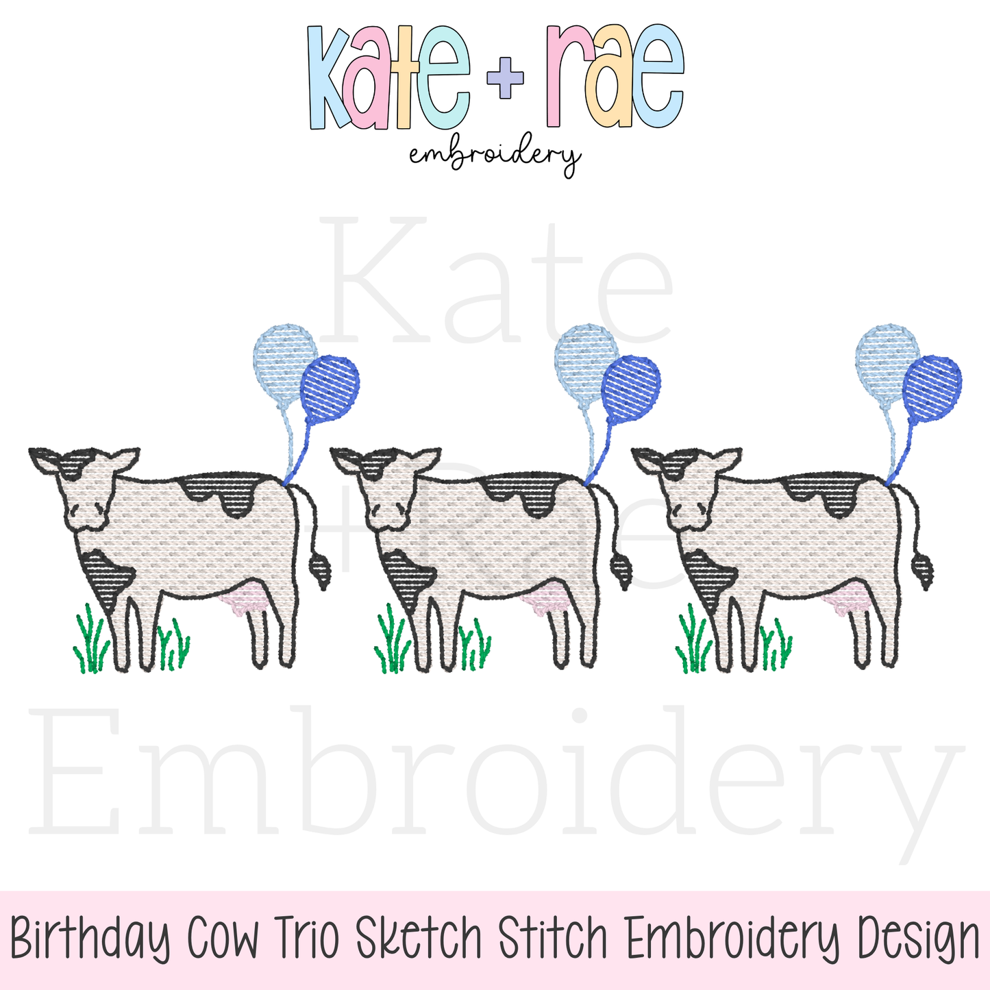 Cow Trio with Birthday Balloons Sketch Stitch Embroidery Design