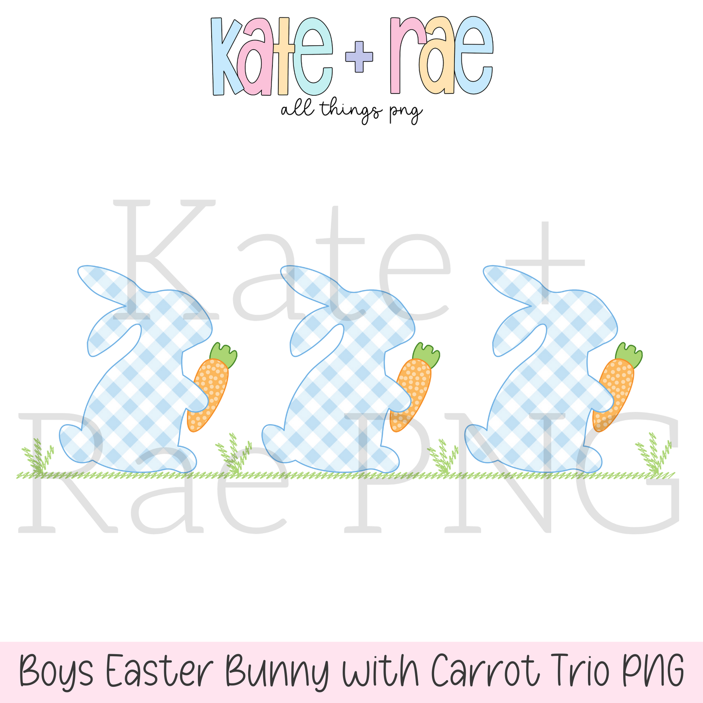 Boy's Blue Gingham Easter Bunny Trio with Carrots Faux Applique PNG