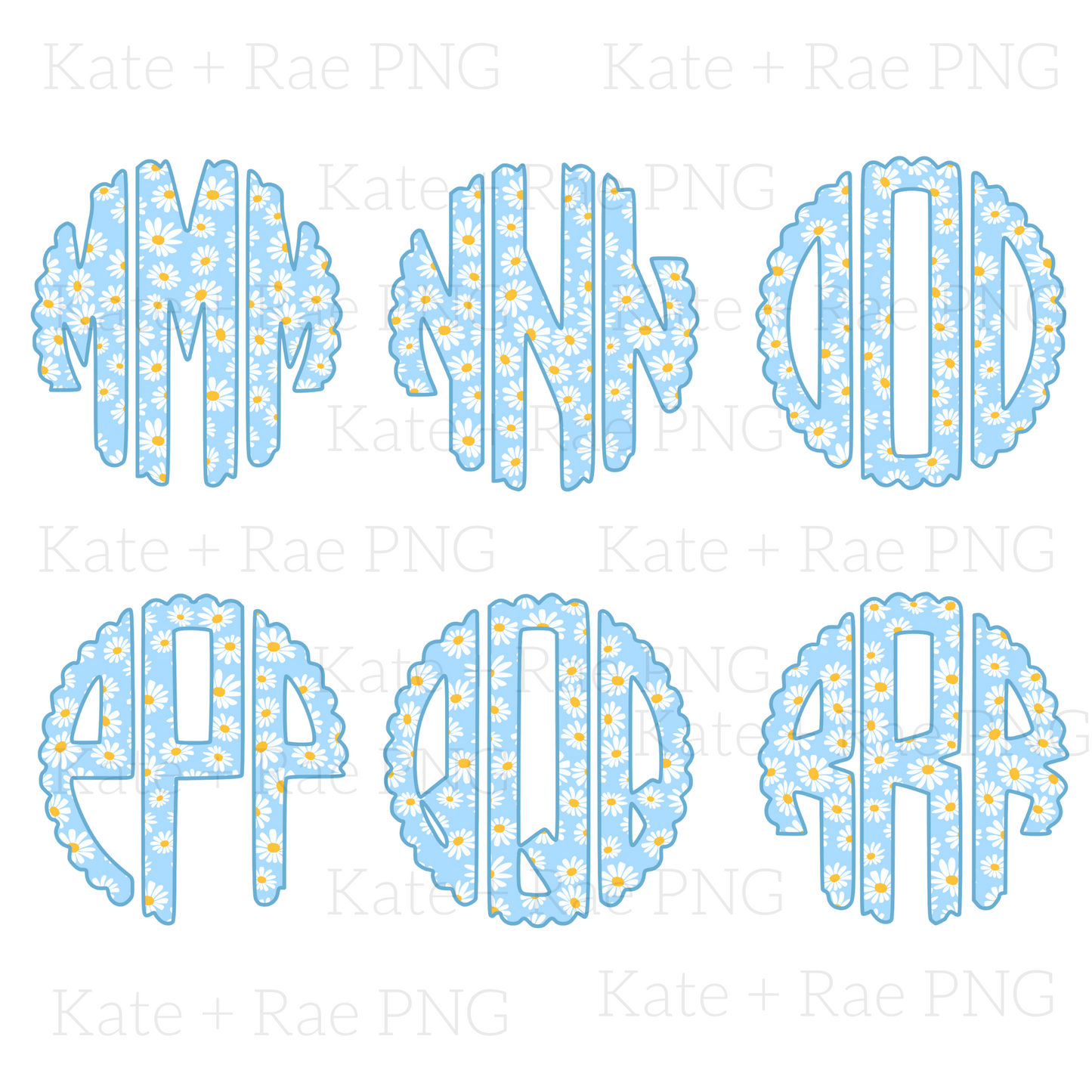Blue Daisy Scalloped Circle Monogram