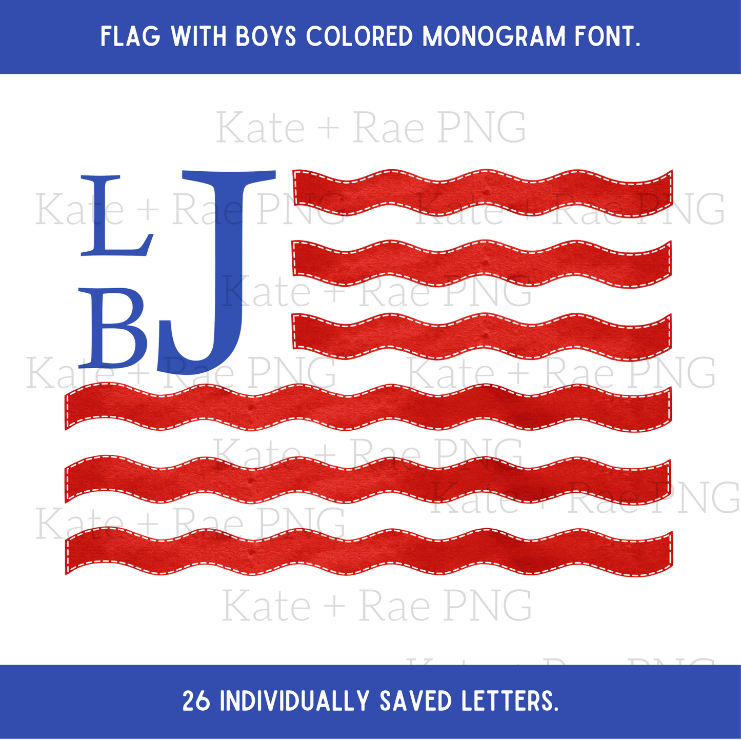 American flag faux applique with girls and boys monogram font.