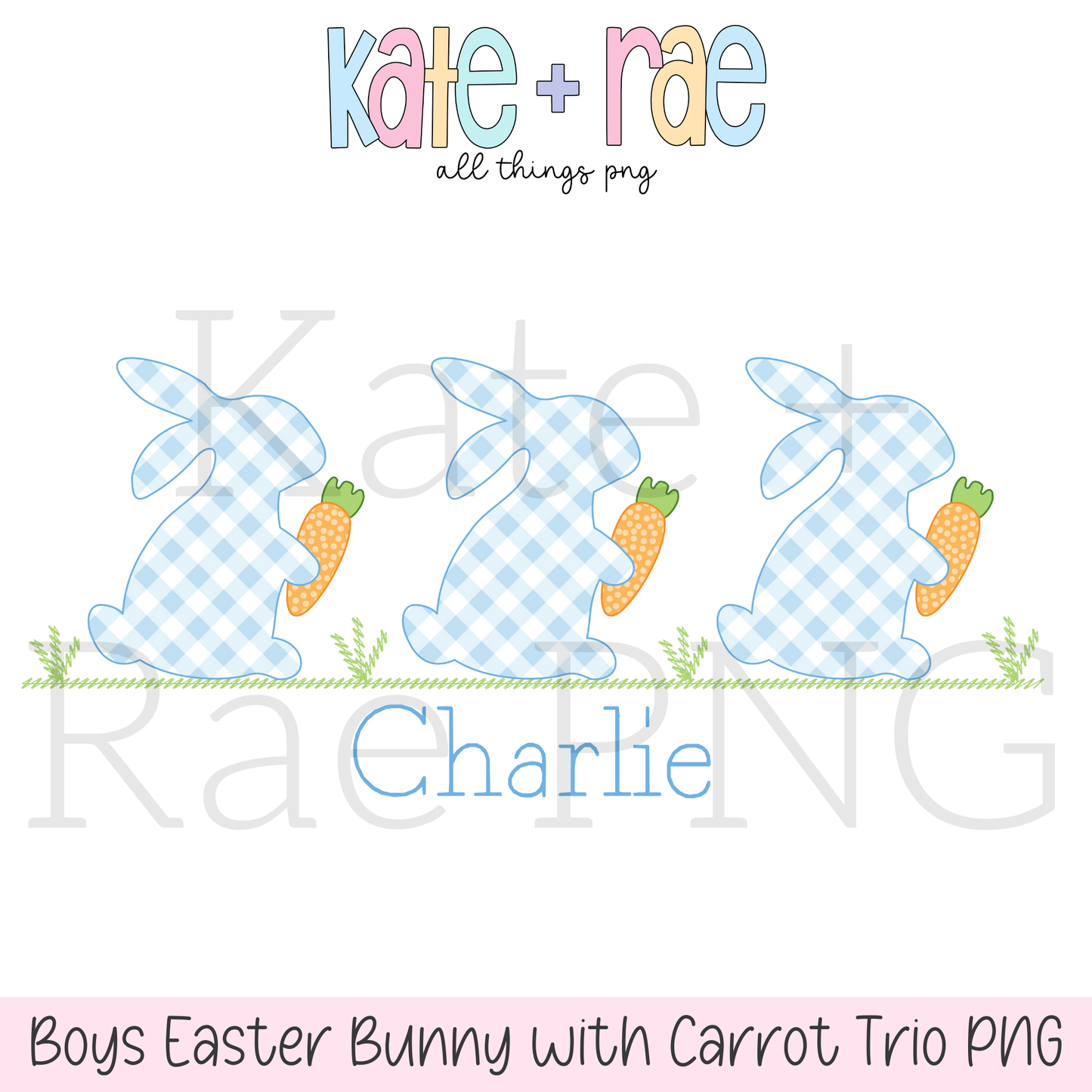 Boy's Blue Gingham Easter Bunny Trio with Carrots Faux Applique PNG