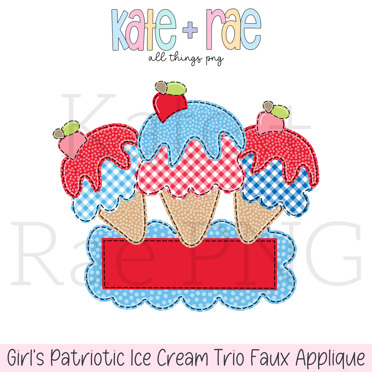 Patriotic Ice Cream Trio Faux Applique with Name Plate PNG