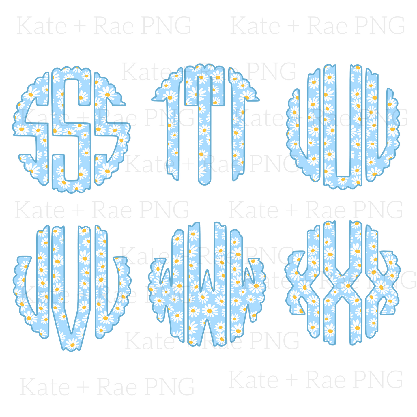 Blue Daisy Scalloped Circle Monogram
