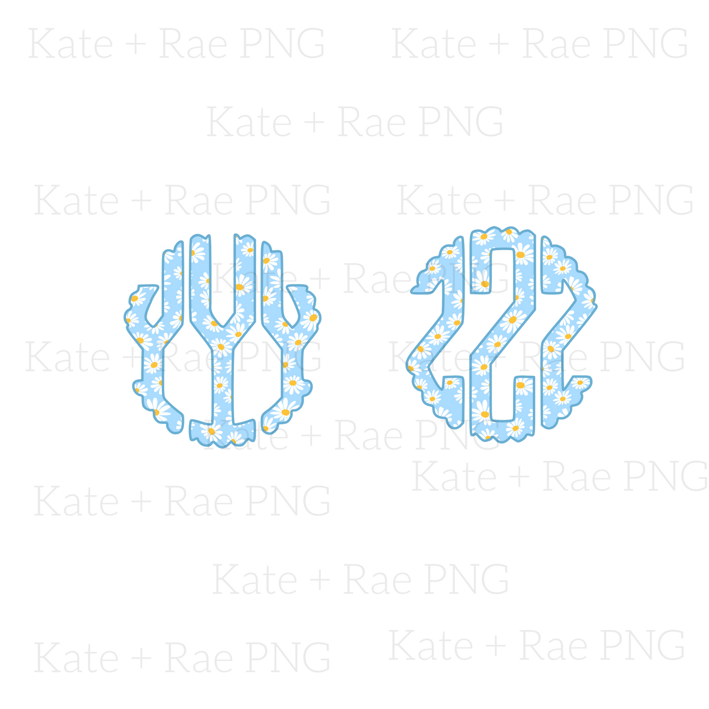 Blue Daisy Scalloped Circle Monogram