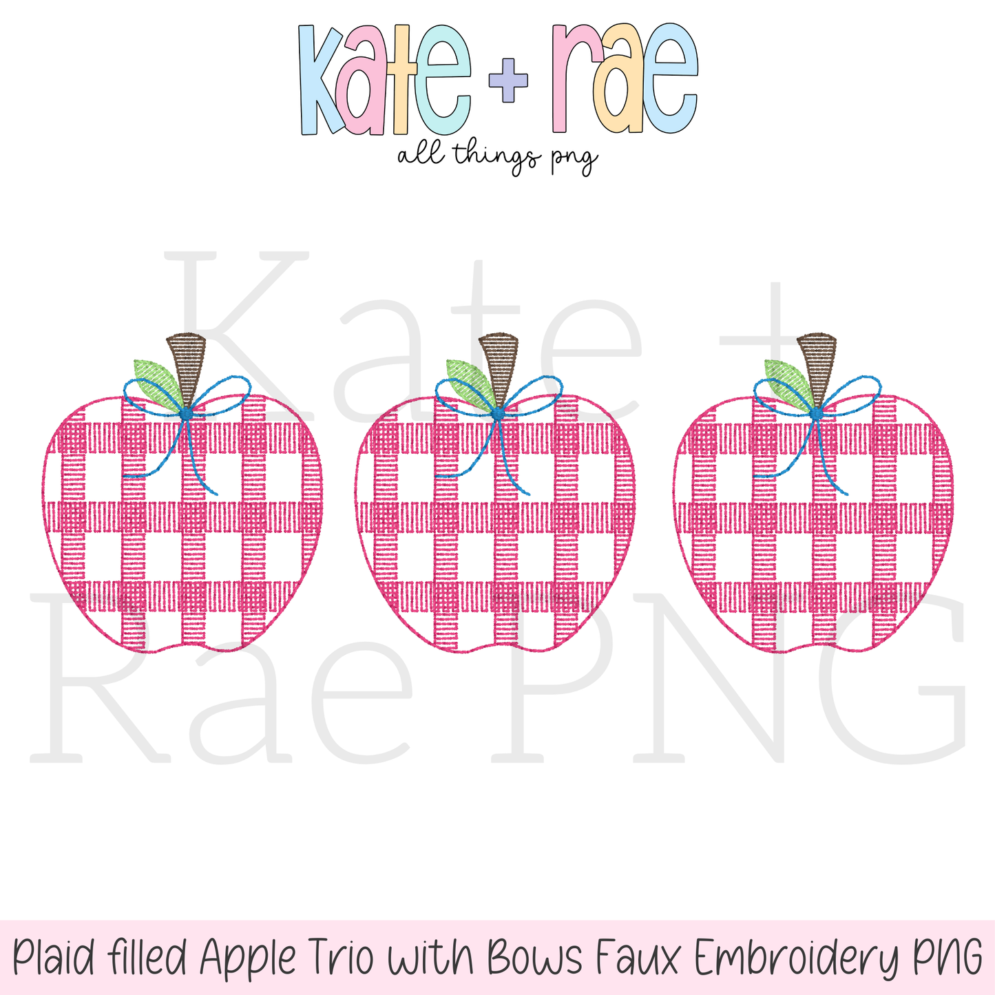 Girl's Plaid Filled Apple Trio Faux Embroidery PNG