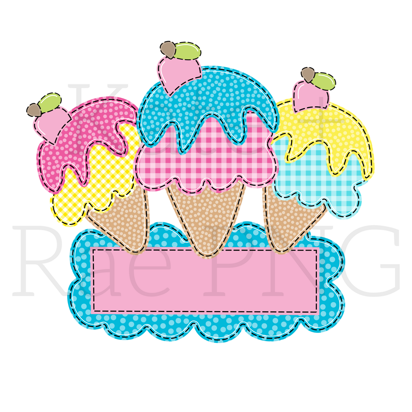 Bright Summer Ice Cream Trio Faux Applique with Name Plate PNG