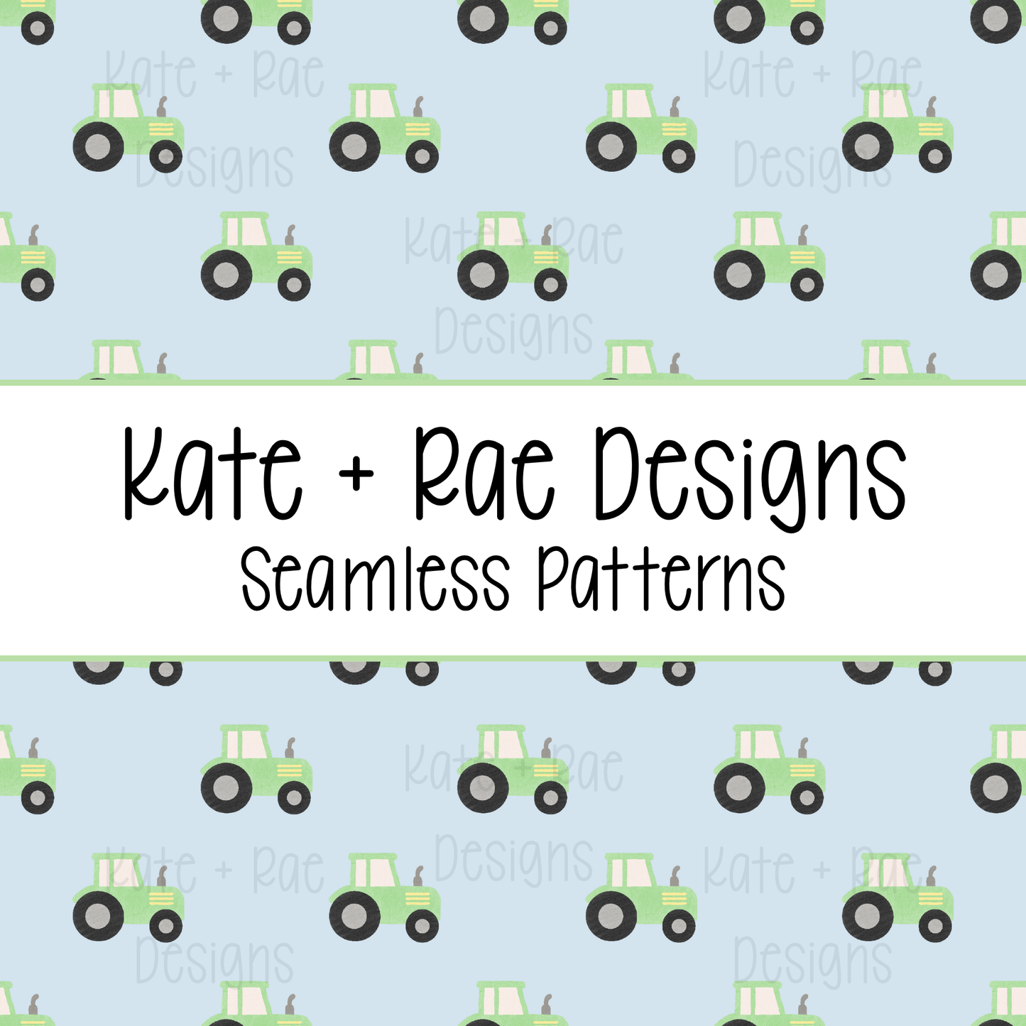 Green Tractor Watercolor Seamless Pattern with Blue Background