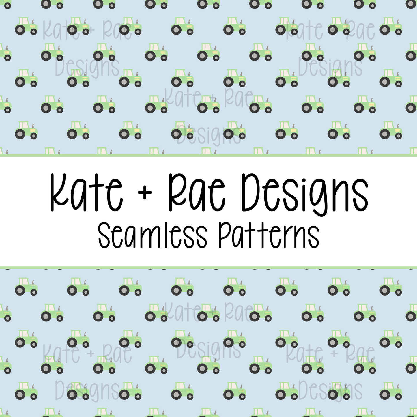 Green Tractor Watercolor Seamless Pattern with Blue Background