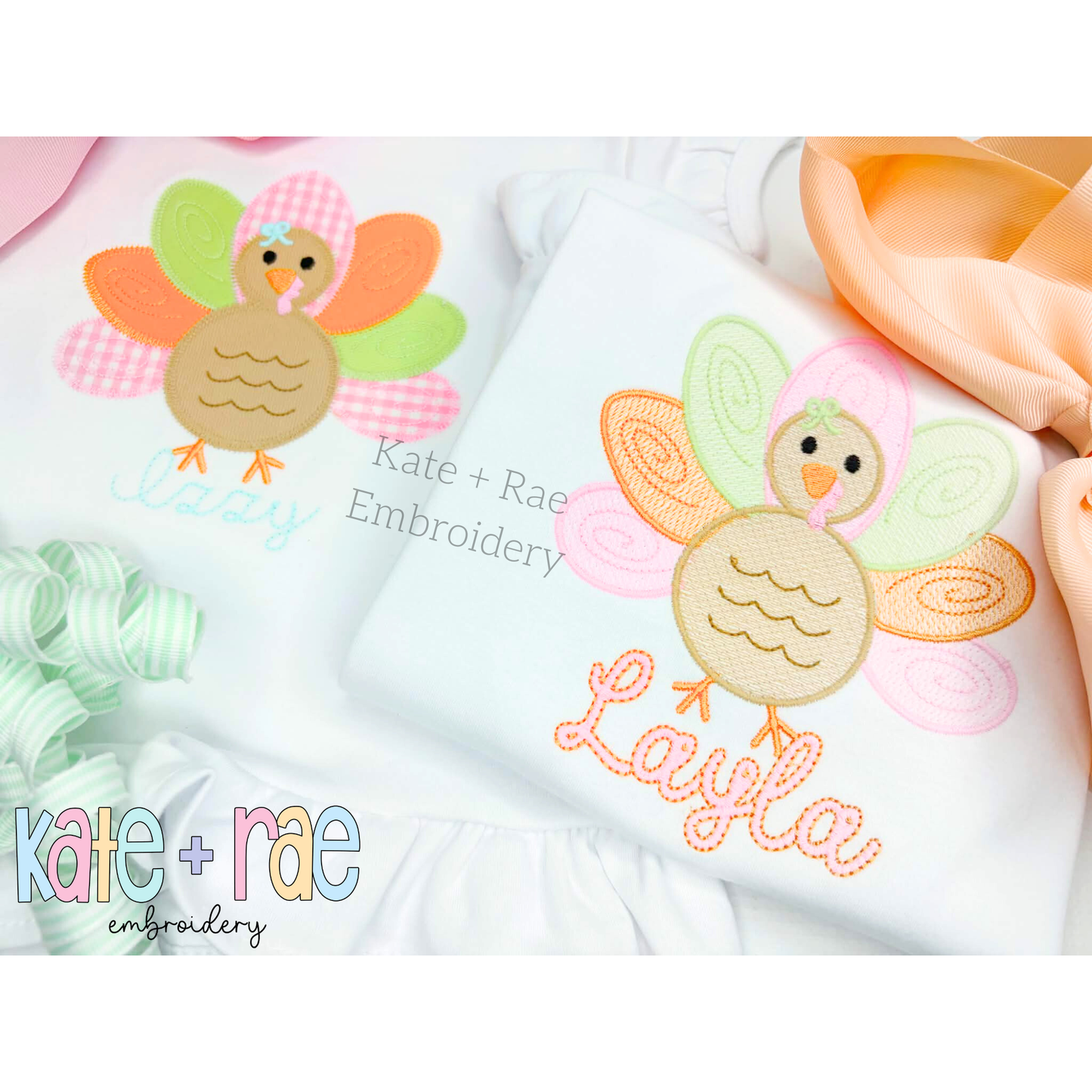 Girl's Thanksgiving Turkey Zigzag Applique Machine Embroidery Design