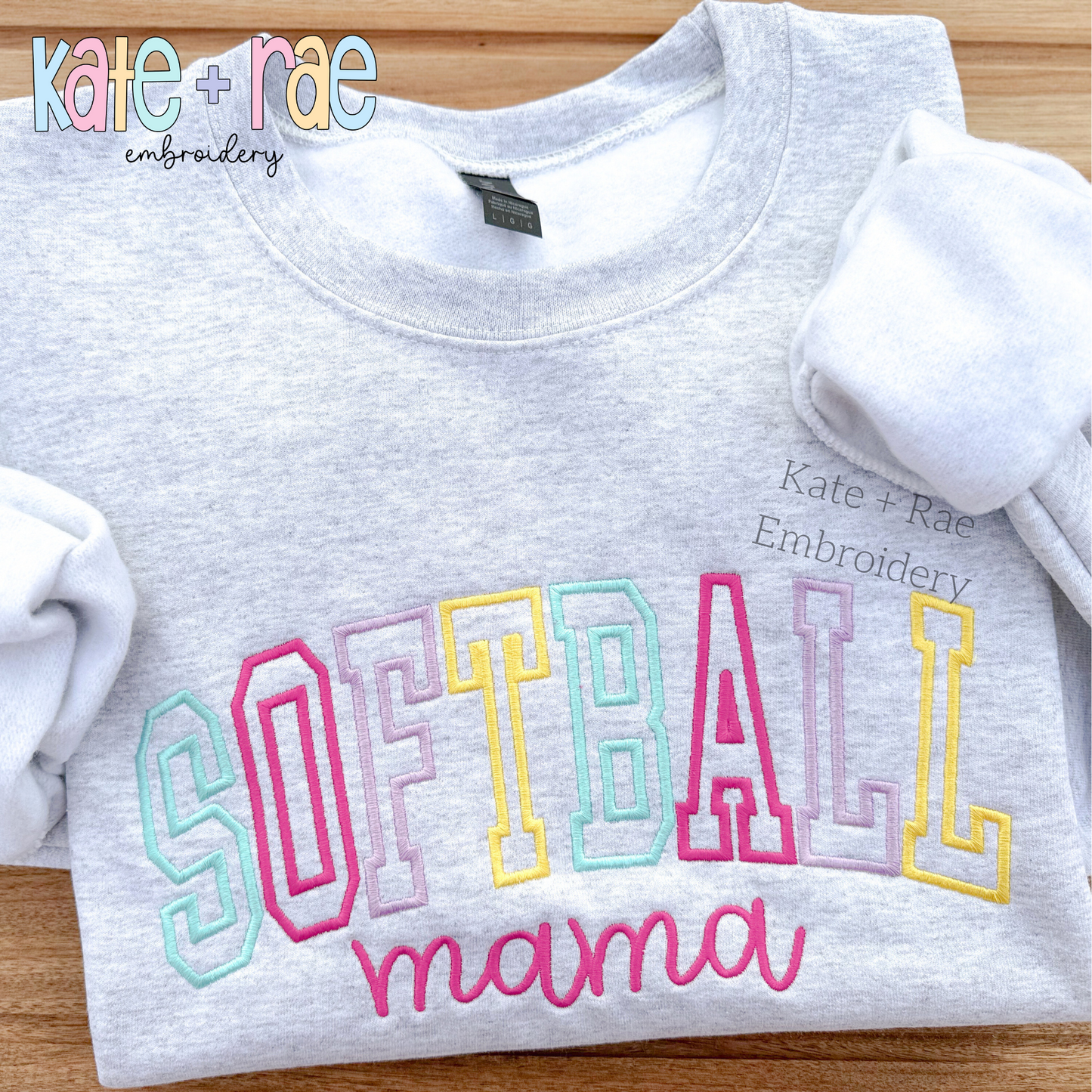 Curved Softball Mama Satin Stitch Outline Embroidery Design