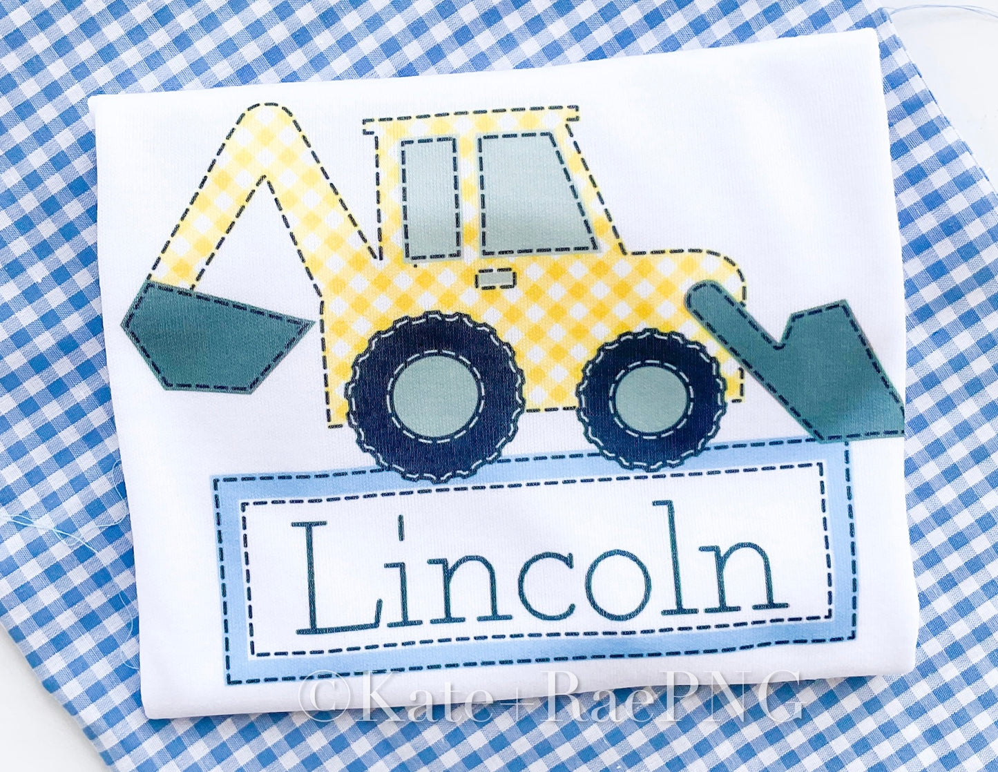 Yellow Gingham Backhoe Faux Applique PNG (Name Plate)