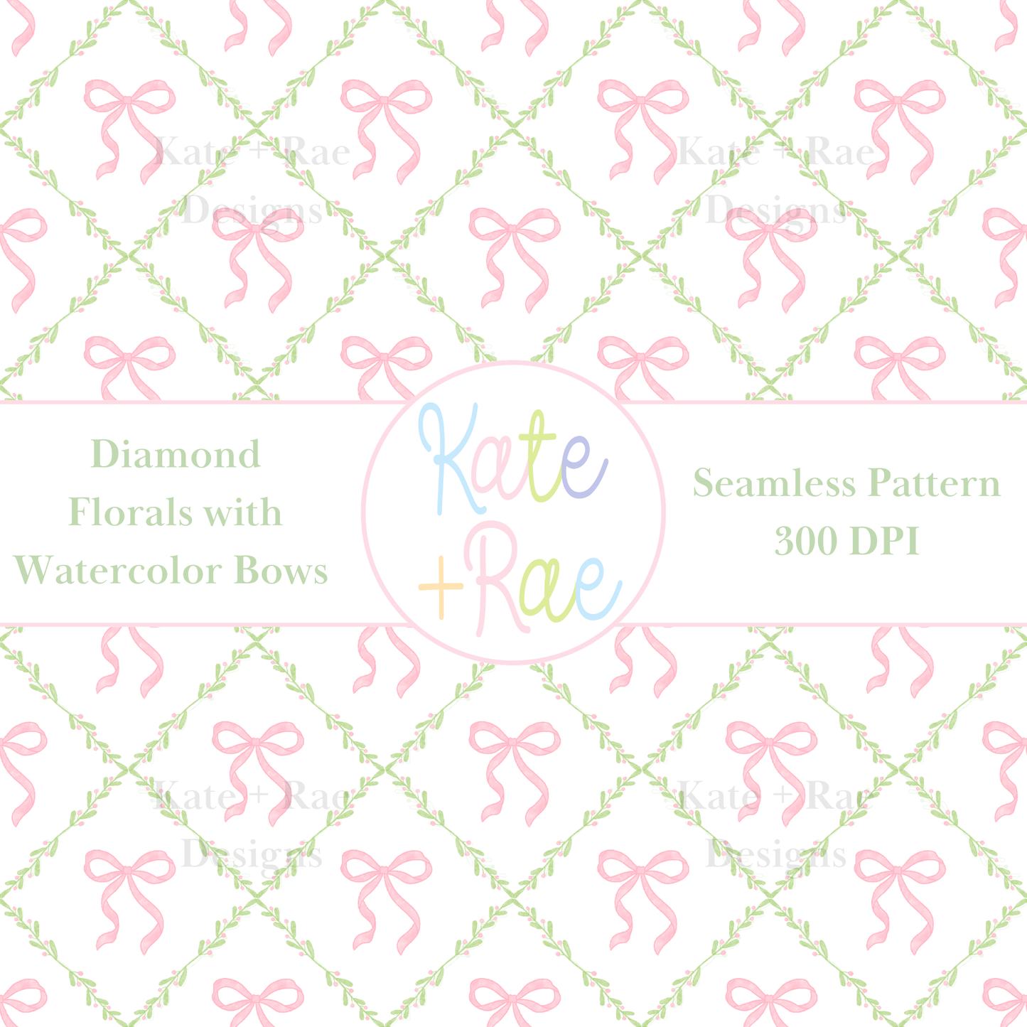 Diamond Florals with Watercolor Bows Seamless Pattern