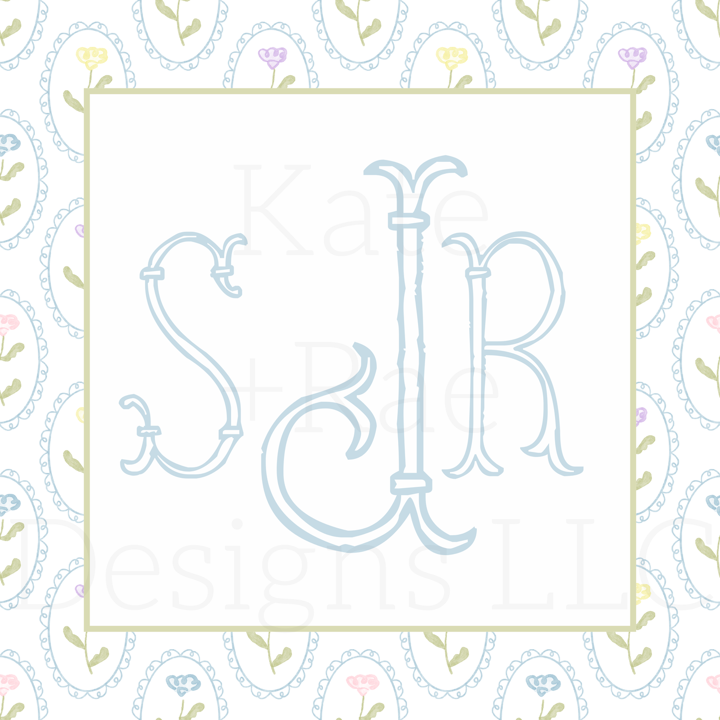 Colorful Watercolor Florals in Scalloped Frame Seamless Pattern