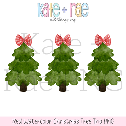 Girl's Watercolor Christmas Tree Trio with Red Bows