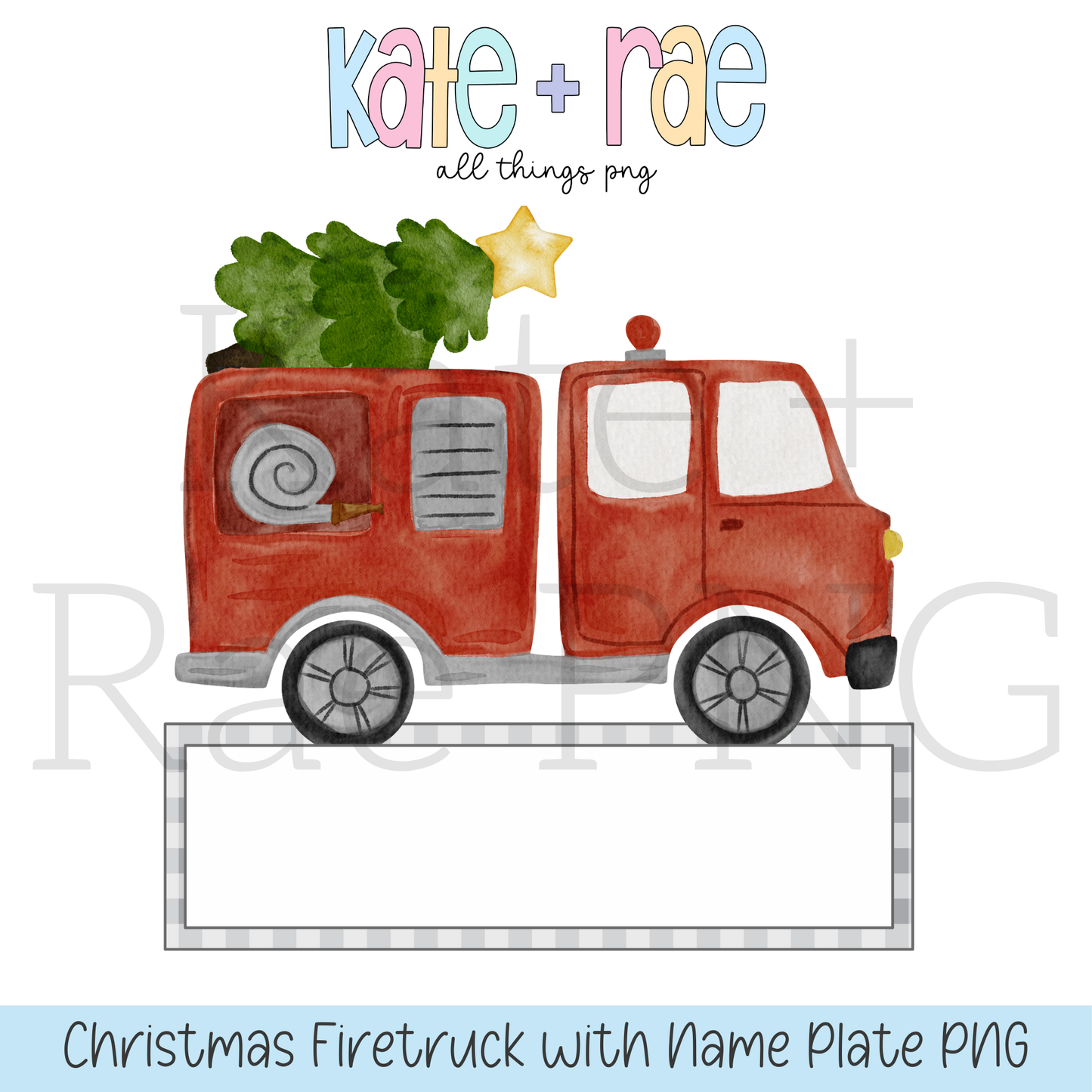 Boy's Watercolor Christmas Firetruck with Name Plate PNG