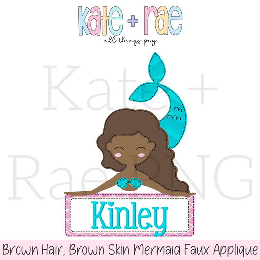 Brown Hair, Brown Skin Mermaid Faux Applique PNG