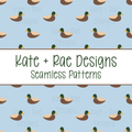 Mallard Duck Watercolor Seamless Pattern with Blue Background: Seamless pattern of watercolor mallard ducks on a light blue background