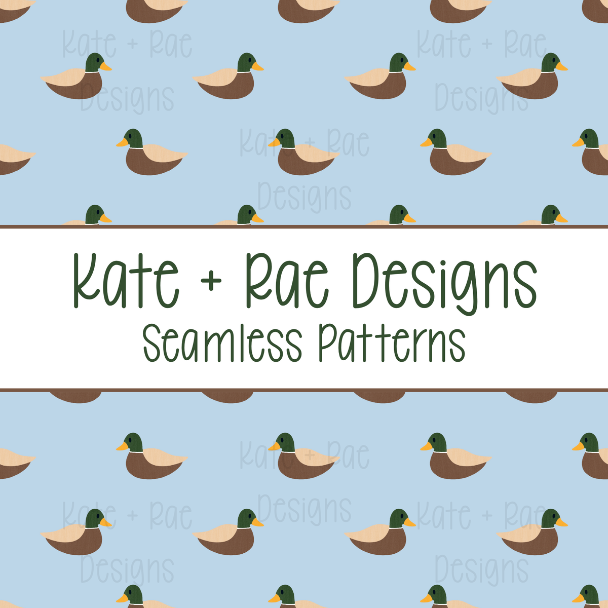 Mallard Duck Watercolor Seamless Pattern with Blue Background: Seamless pattern of watercolor mallard ducks on a light blue background