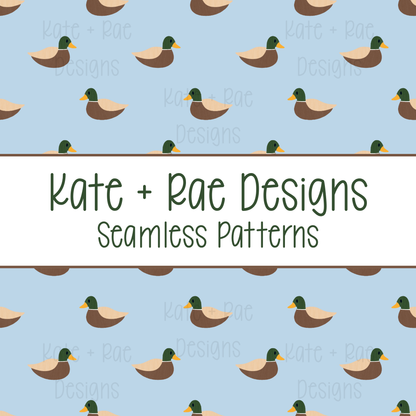 Mallard Duck Watercolor Seamless Pattern with Blue Background