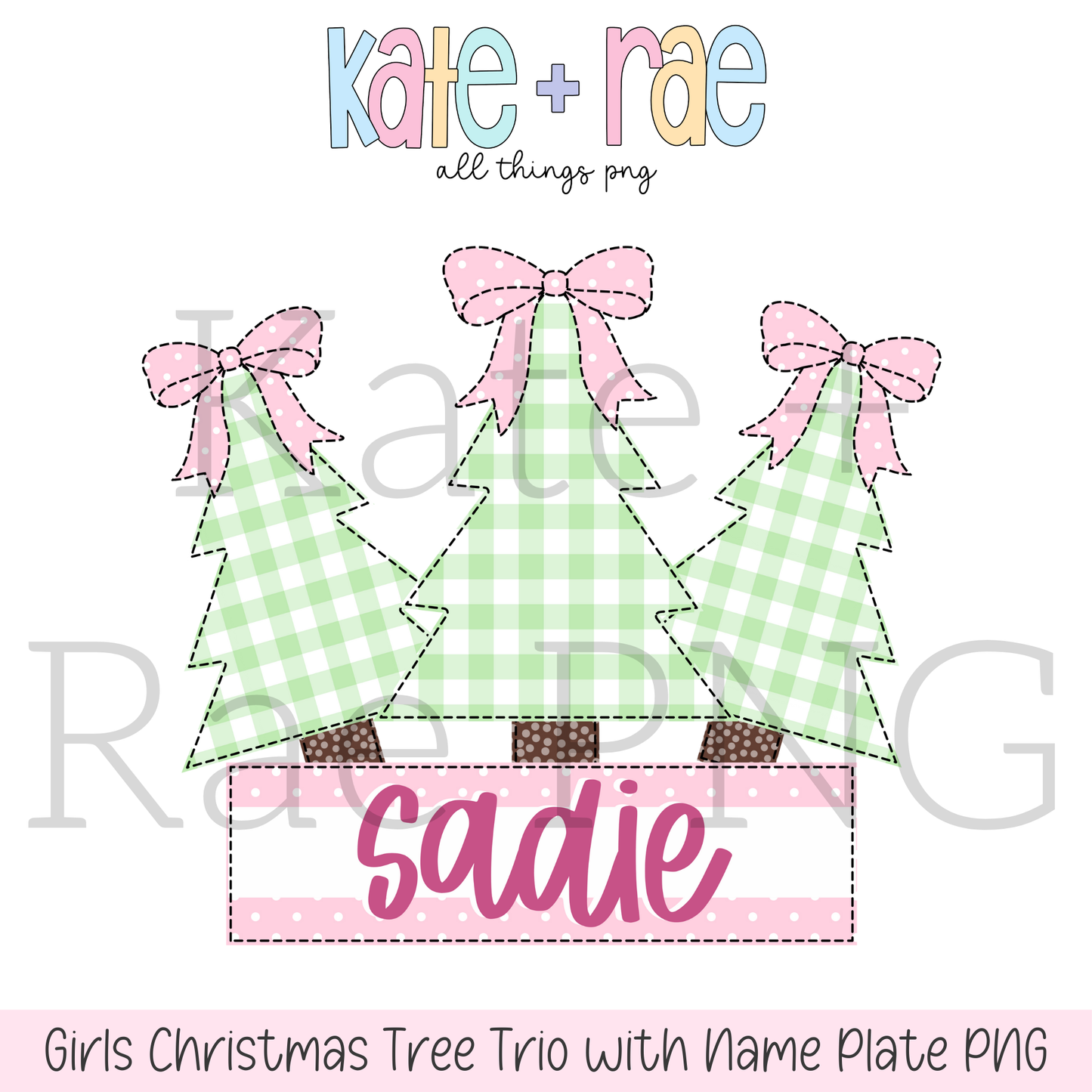 Girl's Christmas Tree Trio with Pink Bows Faux Applique with Name Plate PNG