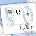 Boy's Boo Halloween Zigzag Applique Embroidery Design: The word BOO with a ghost as the first O in blue striped applique above the name Milan on a white shirt