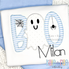 Boy's Boo Halloween Zigzag Applique Embroidery Design: The word BOO with a ghost as the first O in blue striped applique above the name Milan on a white shirt