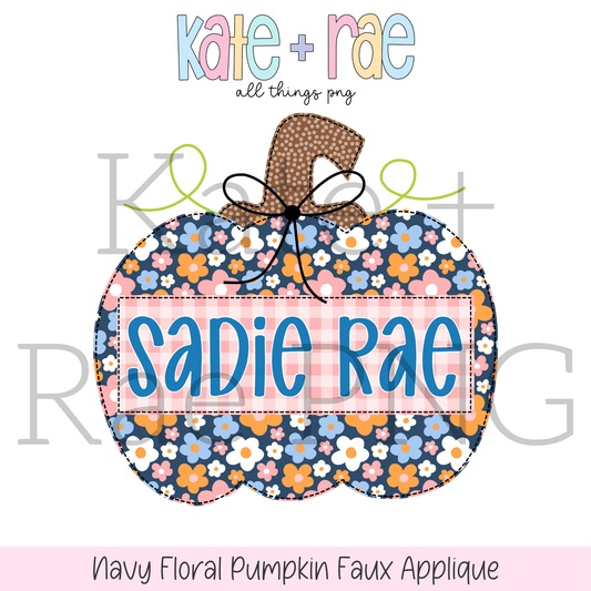 Navy Floral Pumpkin Faux Applique PNG