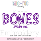 Bones Satin Stitch Applique Embroidery Font: Font preview reading BONES Applique Font in purple, available in 3 to 5 inch sizes plus BX