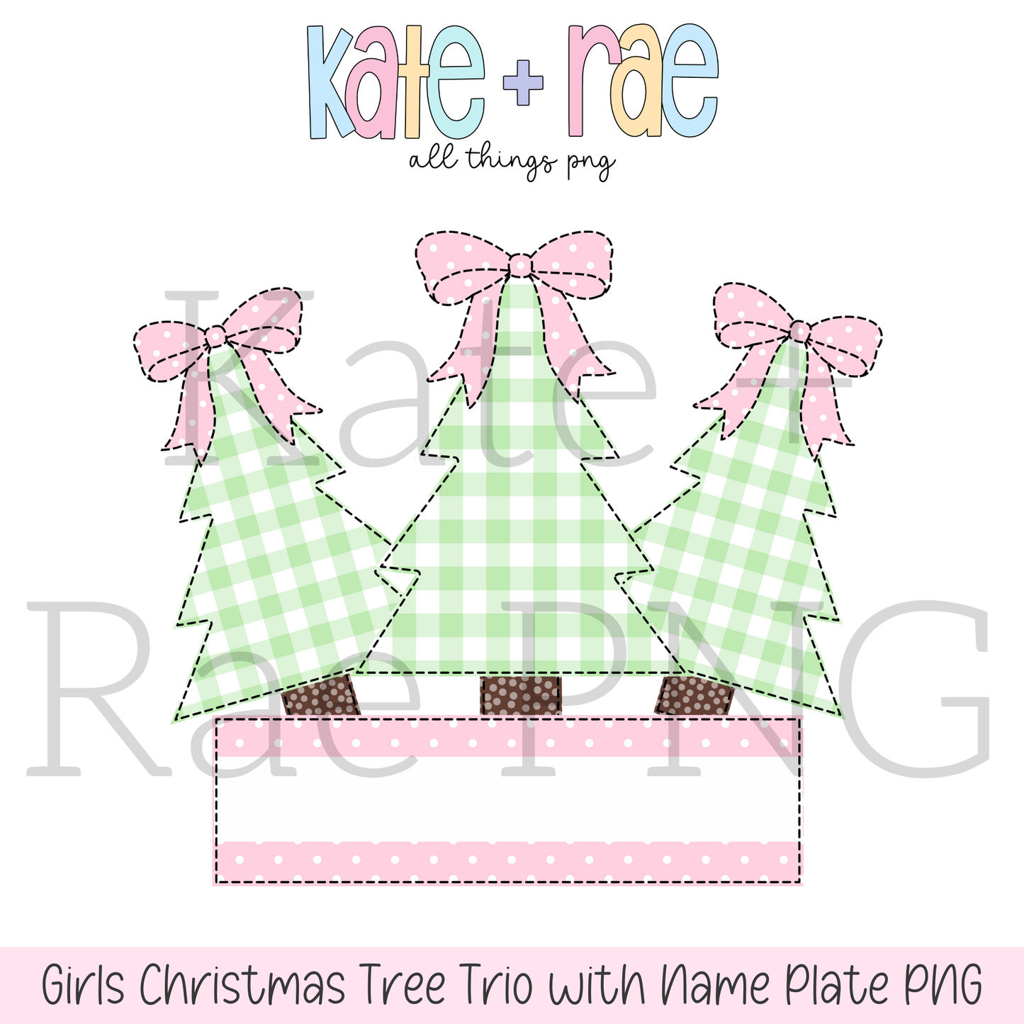 Girl's Christmas Tree Trio with Pink Bows Faux Applique with Name Plate PNG