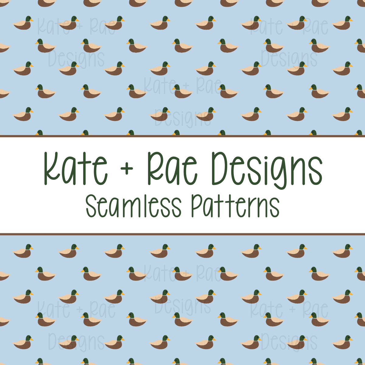 Mallard Duck Watercolor Seamless Pattern with Blue Background: Smaller scale seamless pattern of watercolor mallard ducks on a light blue background
