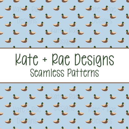 Mallard Duck Watercolor Seamless Pattern with Blue Background