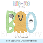 Boy's Boo Sketch Stitch Embroidery Design: Design preview of the sketch stitch word BOO with an orange ghost, spiderweb, and spider, available in 4x4, 5x7, 6x10, and 8x8