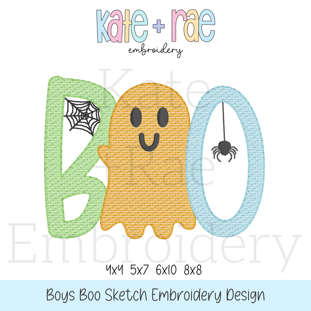 Boy's Boo Sketch Stitch Embroidery Design: Design preview of the sketch stitch word BOO with an orange ghost, spiderweb, and spider, available in 4x4, 5x7, 6x10, and 8x8