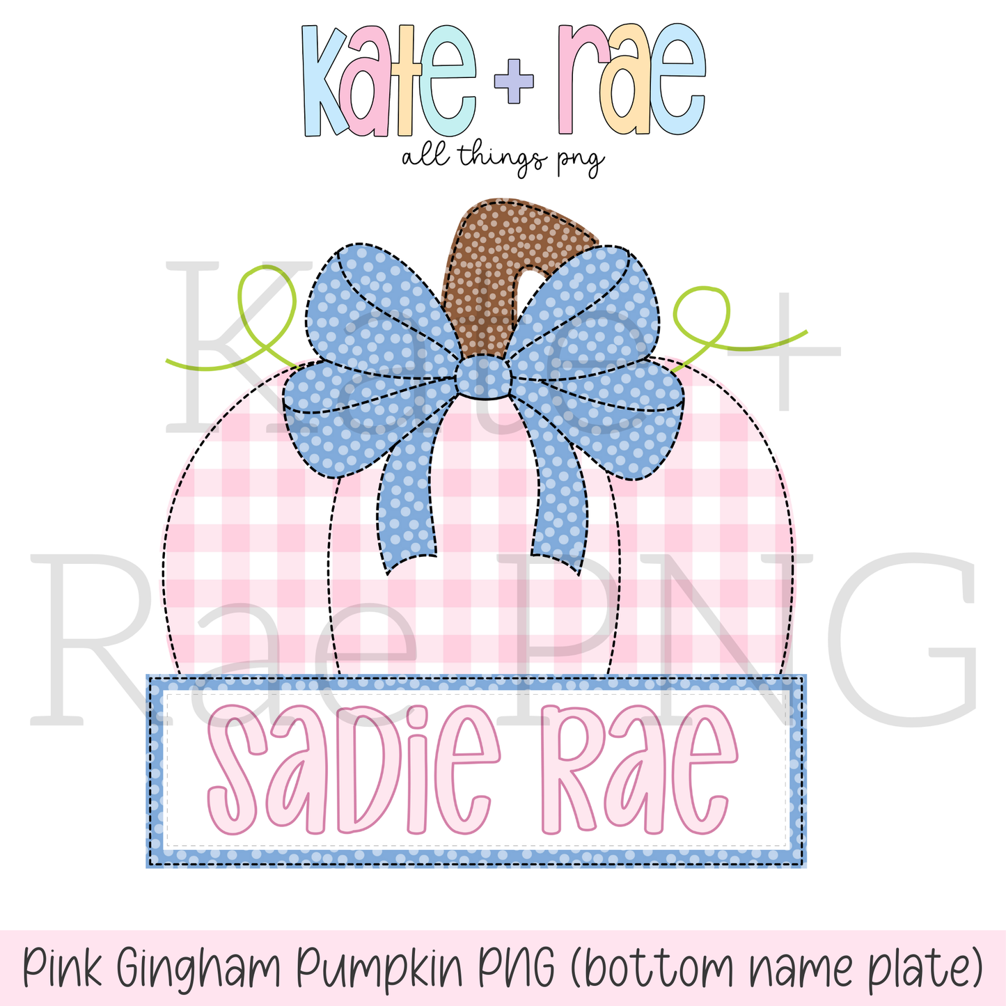 Pink Gingham Pumpkin Faux Applique PNG with Bottom Name Plate.