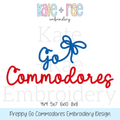 Preppy Go Commodores Embroidery Design: Design preview of the words Go Commodores in blue and red script with a blue bow, available in 4x4, 5x7, 6x10, and 8x8