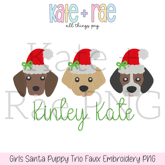 Girl's Santa Puppy Trio Faux Embroidery PNG